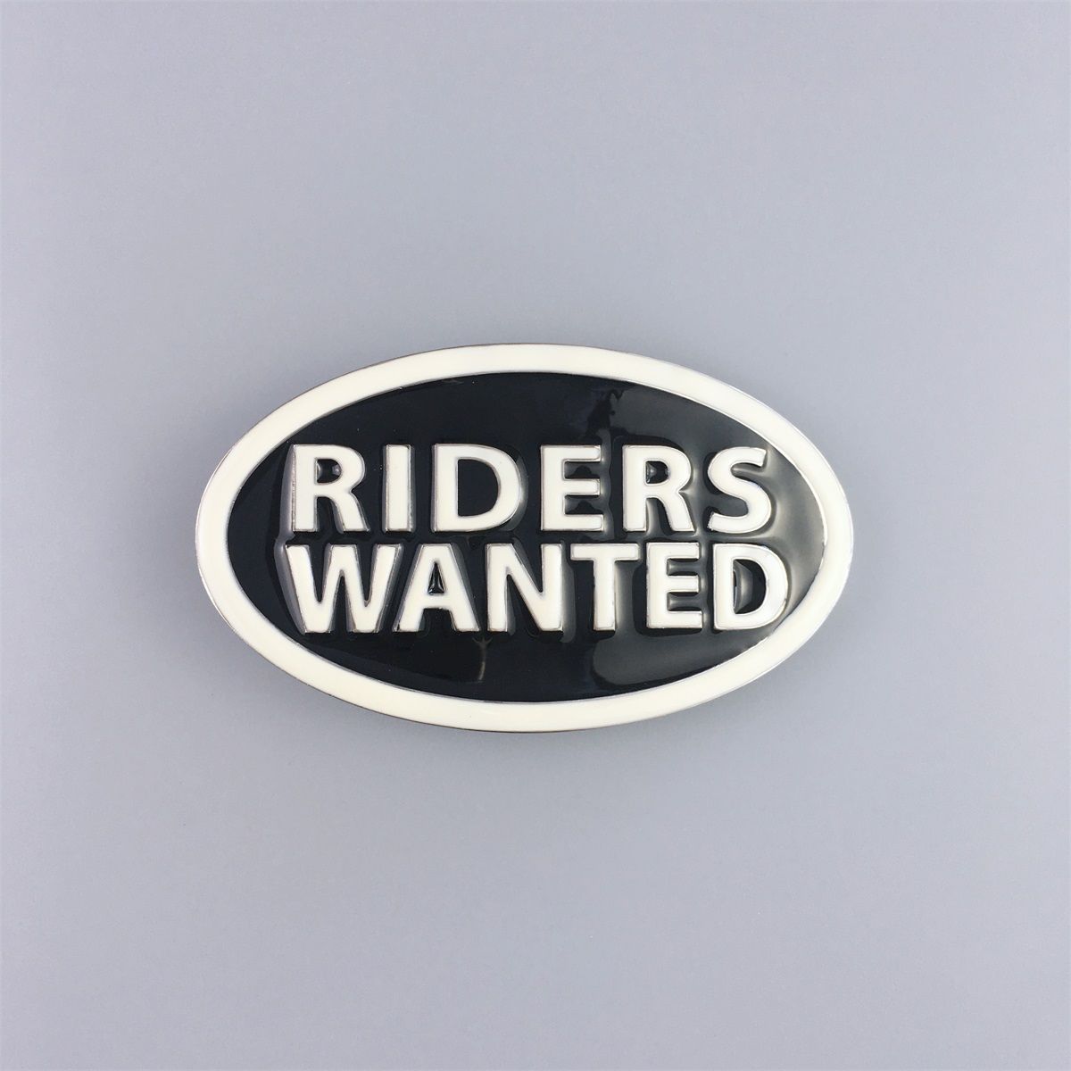Bright Silver Enamel Letter Riders Wanted Belt Buckle