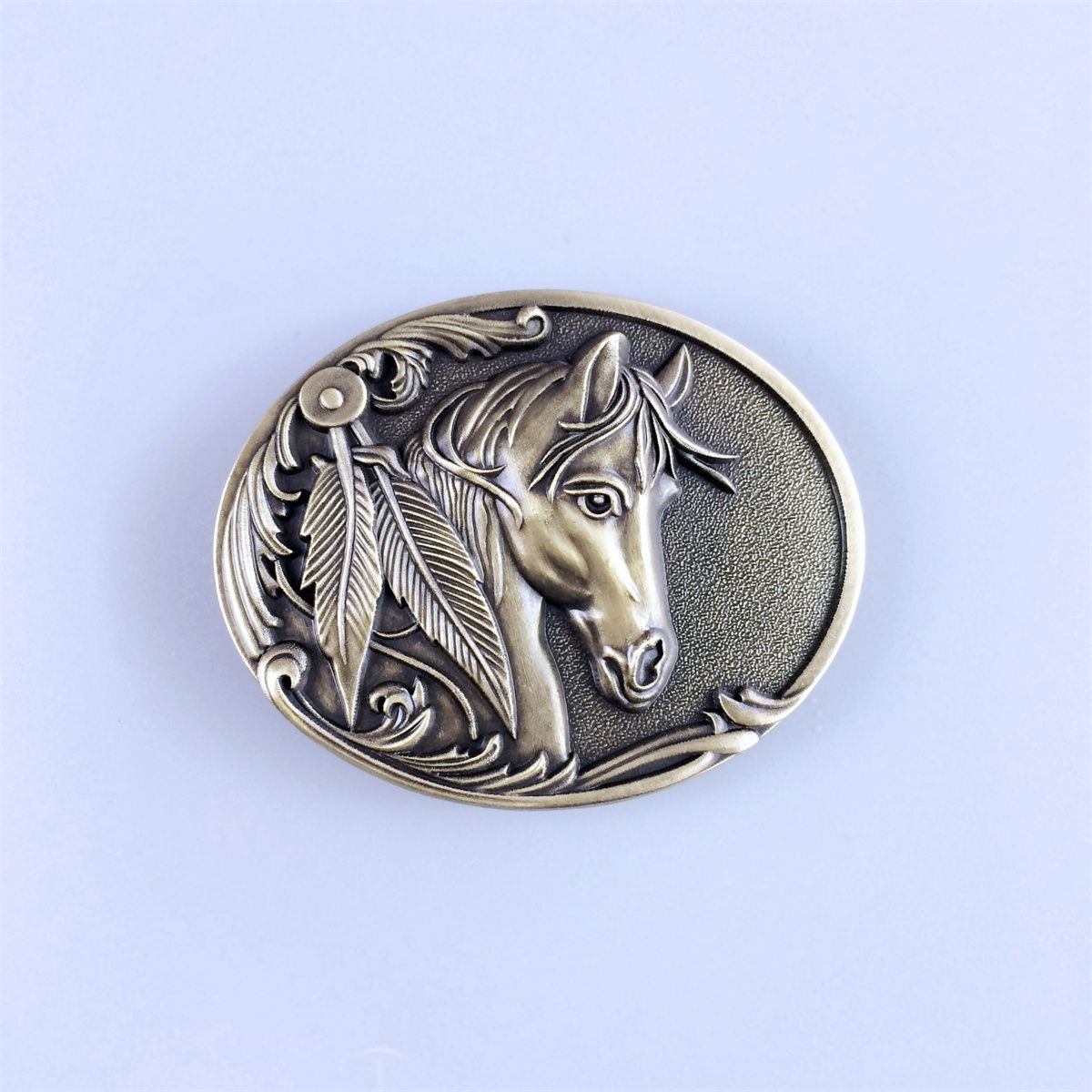 Vintage Bronze Plated Rodeo Horse Head Western Oval Belt Buckle