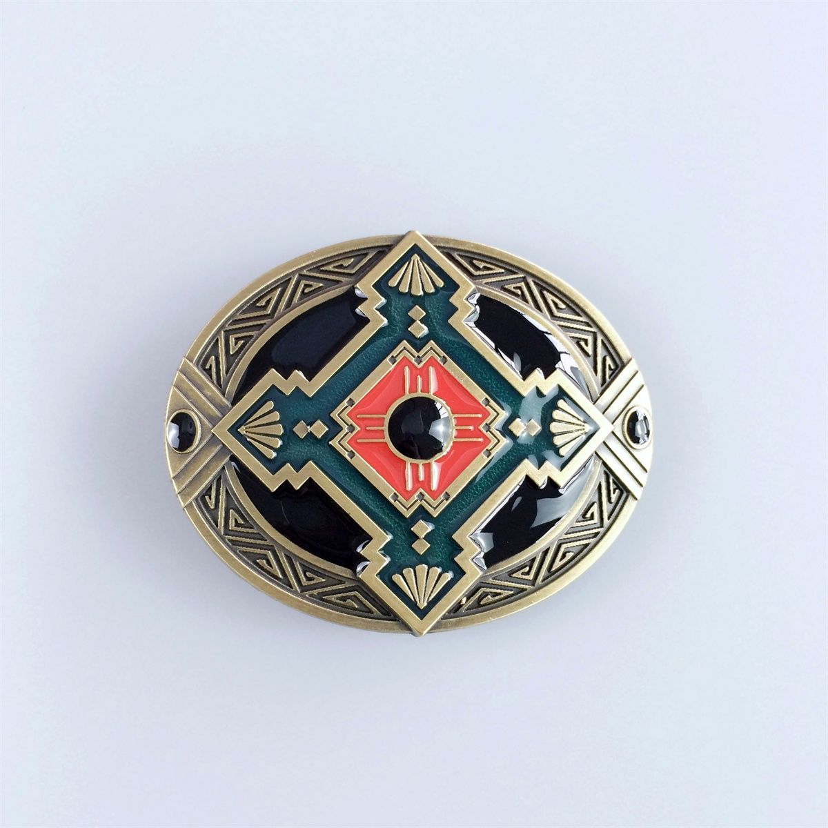 Vintage Bronze Plated Cross Celtic Knot Southwest Enamel Oval Belt Buckle