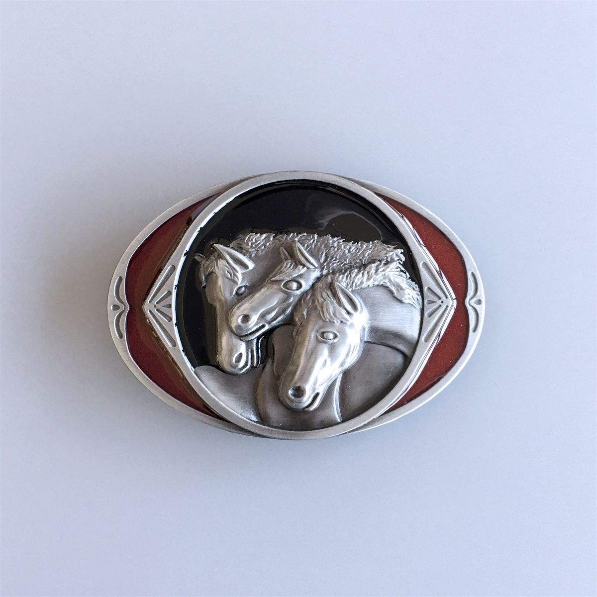 Vintage Style Red Enamel Three Horses Western Oval Belt Buckle