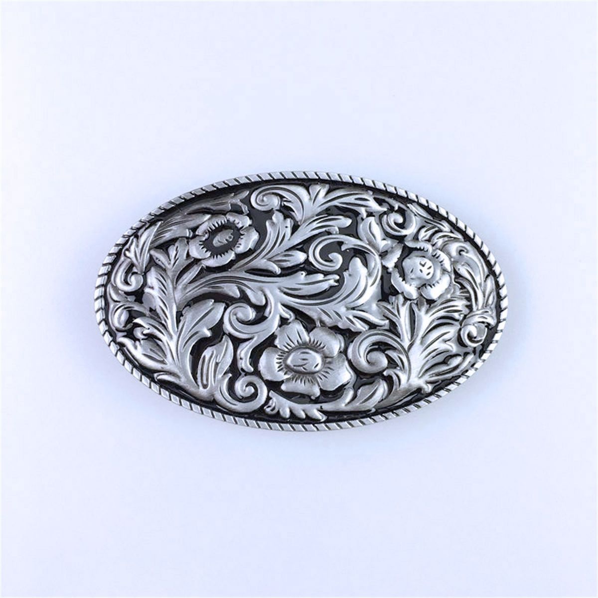 Vintage Black Enamel Cowboy Cowgirl Flower Oval Western Belt Buckle
