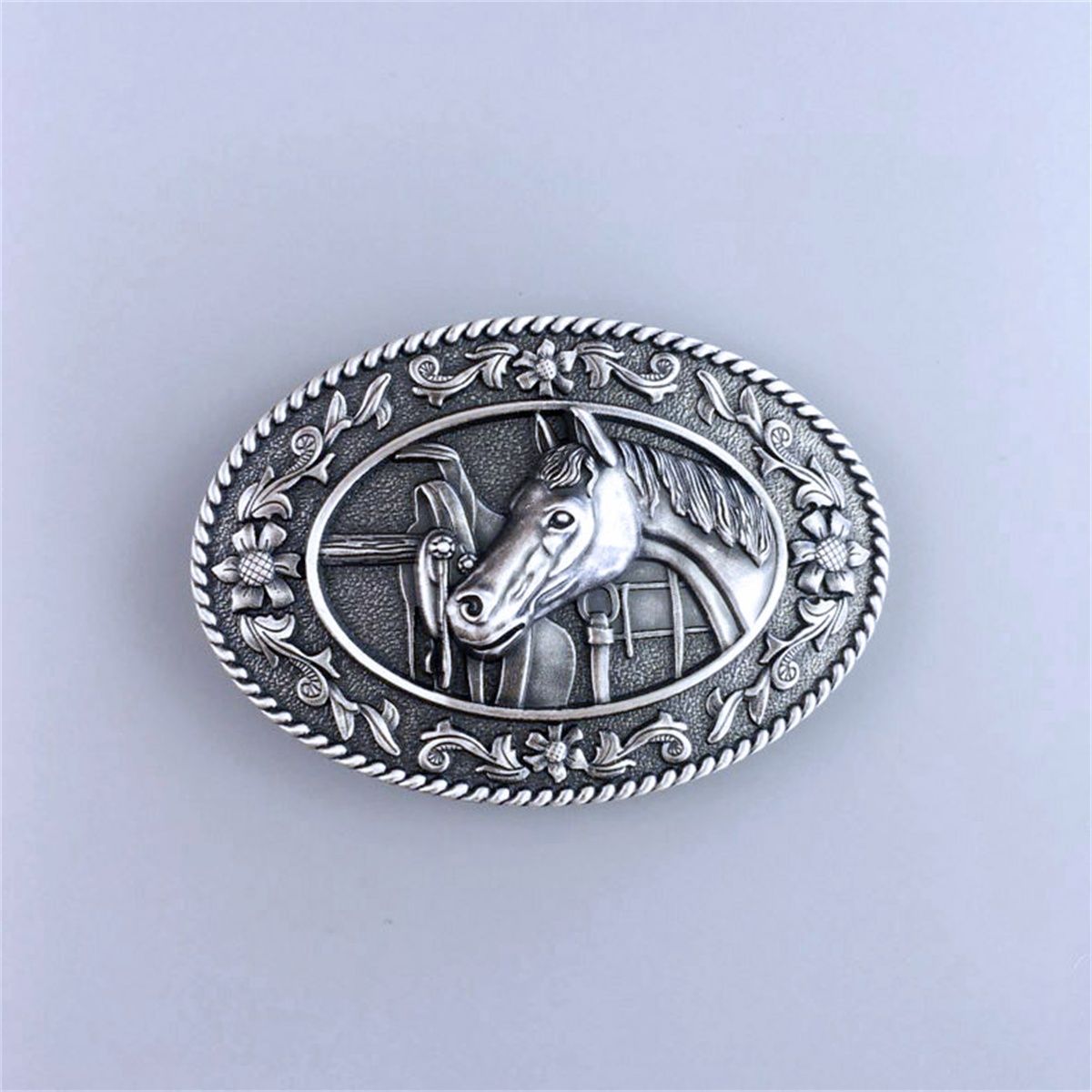 Vintage Silver Plated Horse Head Saddle Western Oval Belt Buckle Hebilla
