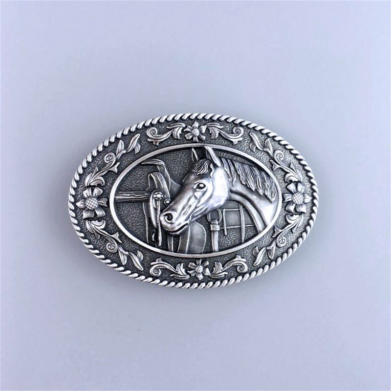 Vintage Silver Plated Horse Head Saddle Western Oval Belt Buckle Hebilla BUCKLE-WT089SL