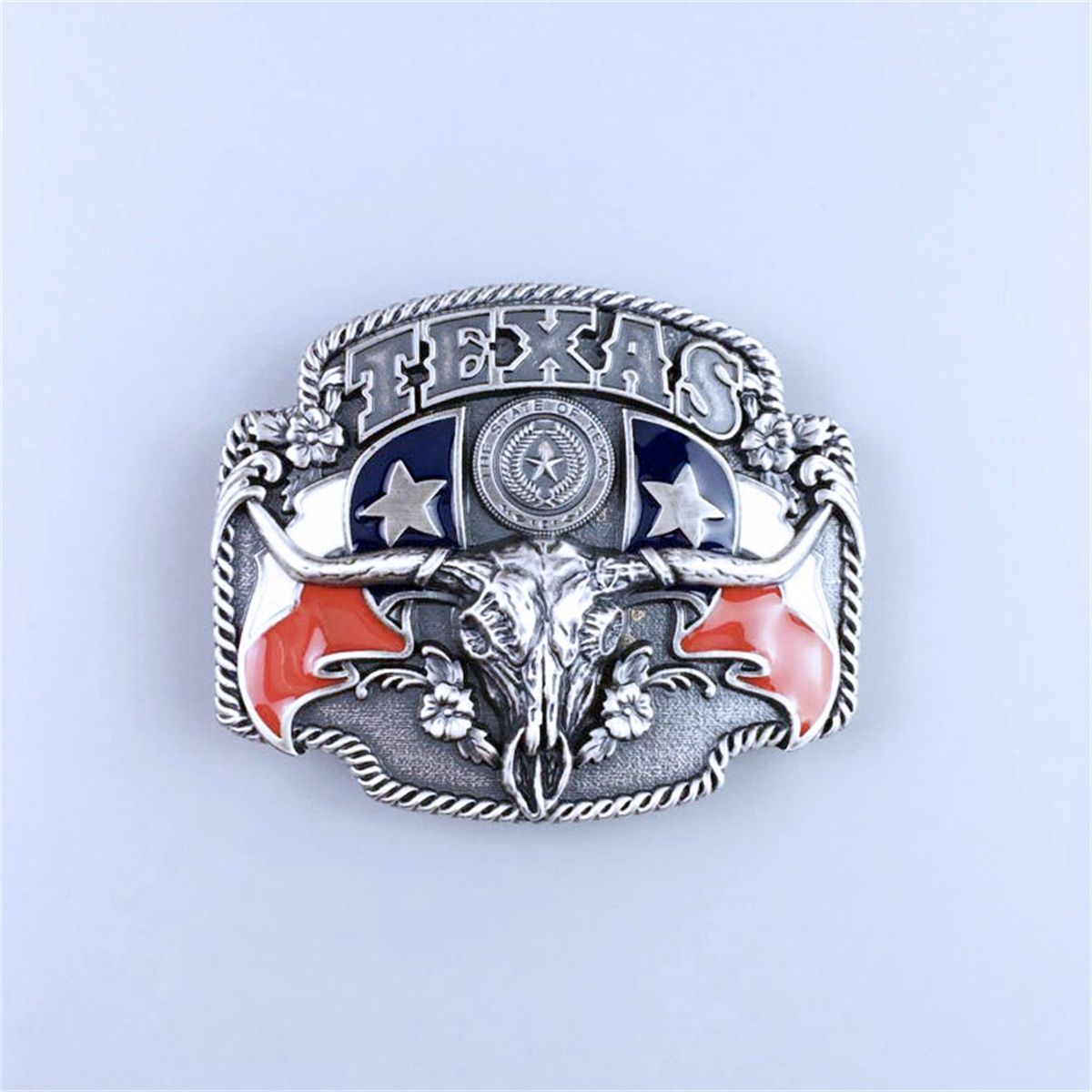 Vintage Silver Plated Longhorn Bull State Flags Western Belt Buckle Hebilla
