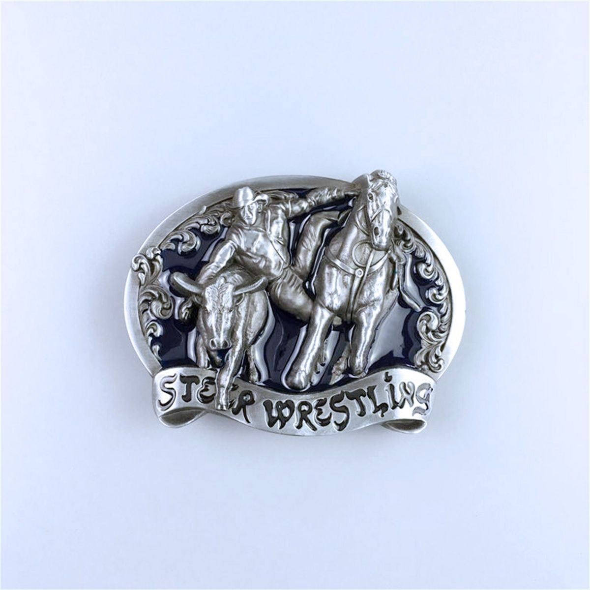 Vintage Blue Enamel Rodeo Steer Wrestling Western Belt Buckle Hebilla