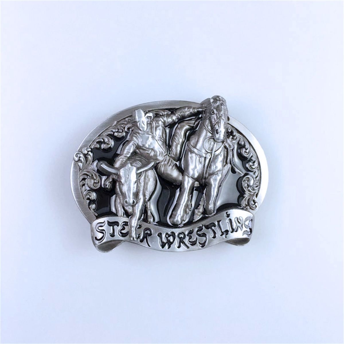 Vintage Black Enamel Rodeo Steer Wrestling Western Belt Buckle Hebilla