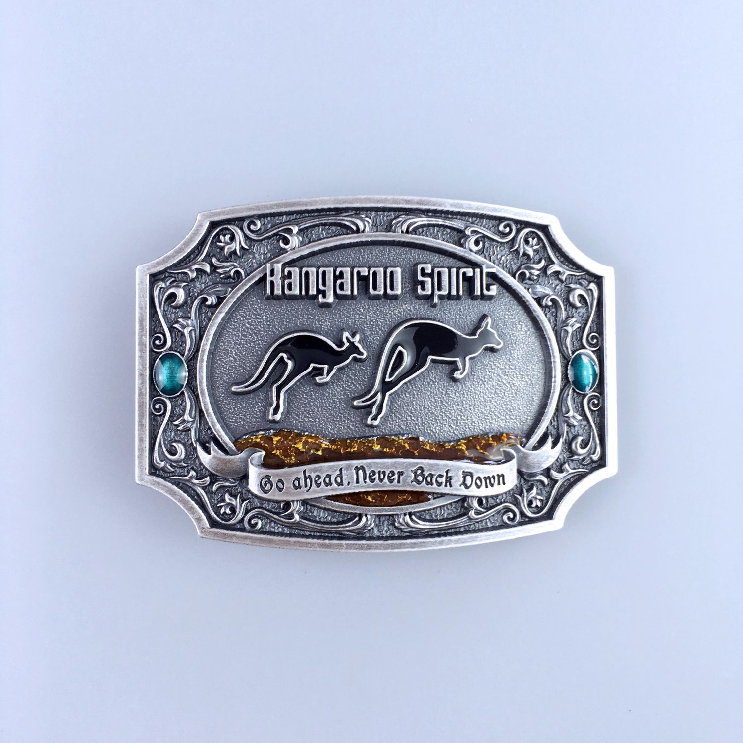 Vintage Silver Go Ahead Never Back Down Australia Kangaroo Belt Buckle Hebilla