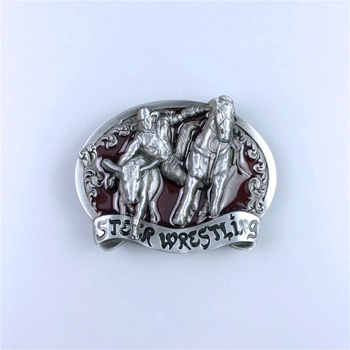 Vintage Red Enamel Rodeo Steer Wrestling Western Belt Buckle Hebilla