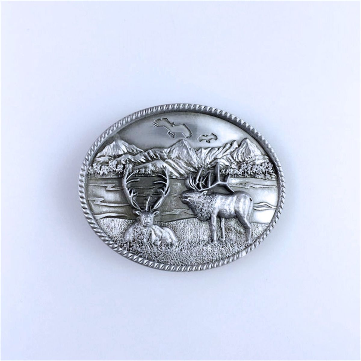 Antique Brushed Silver Deer Western Wildlife Oval Belt Buckle Hebilla