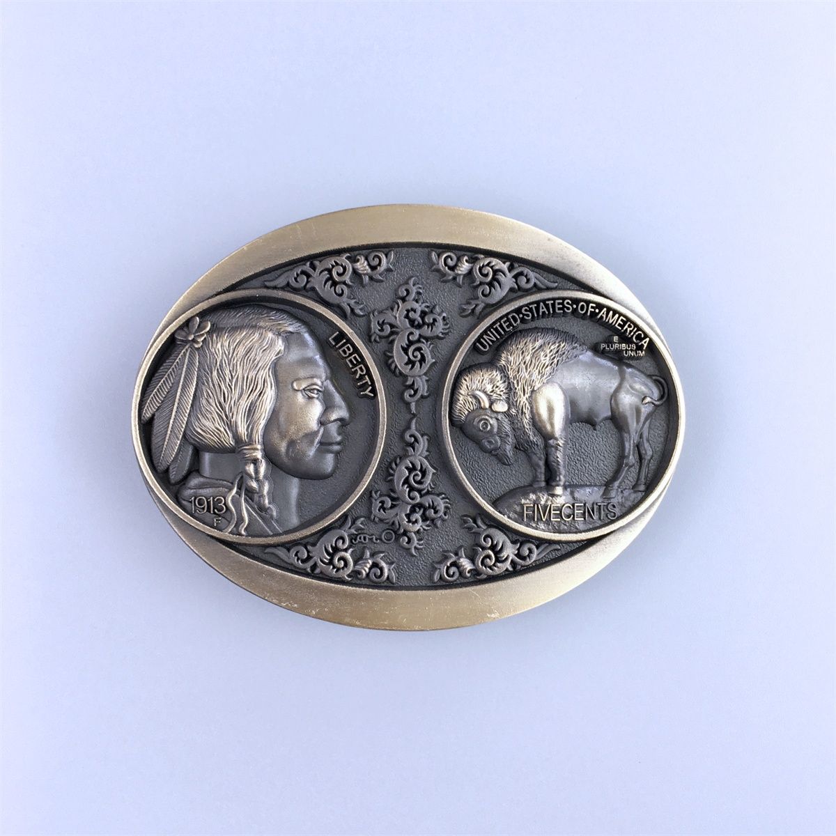 Vintage Bronze Plated Western Chief Bull Oval Belt Buckle Hebilla