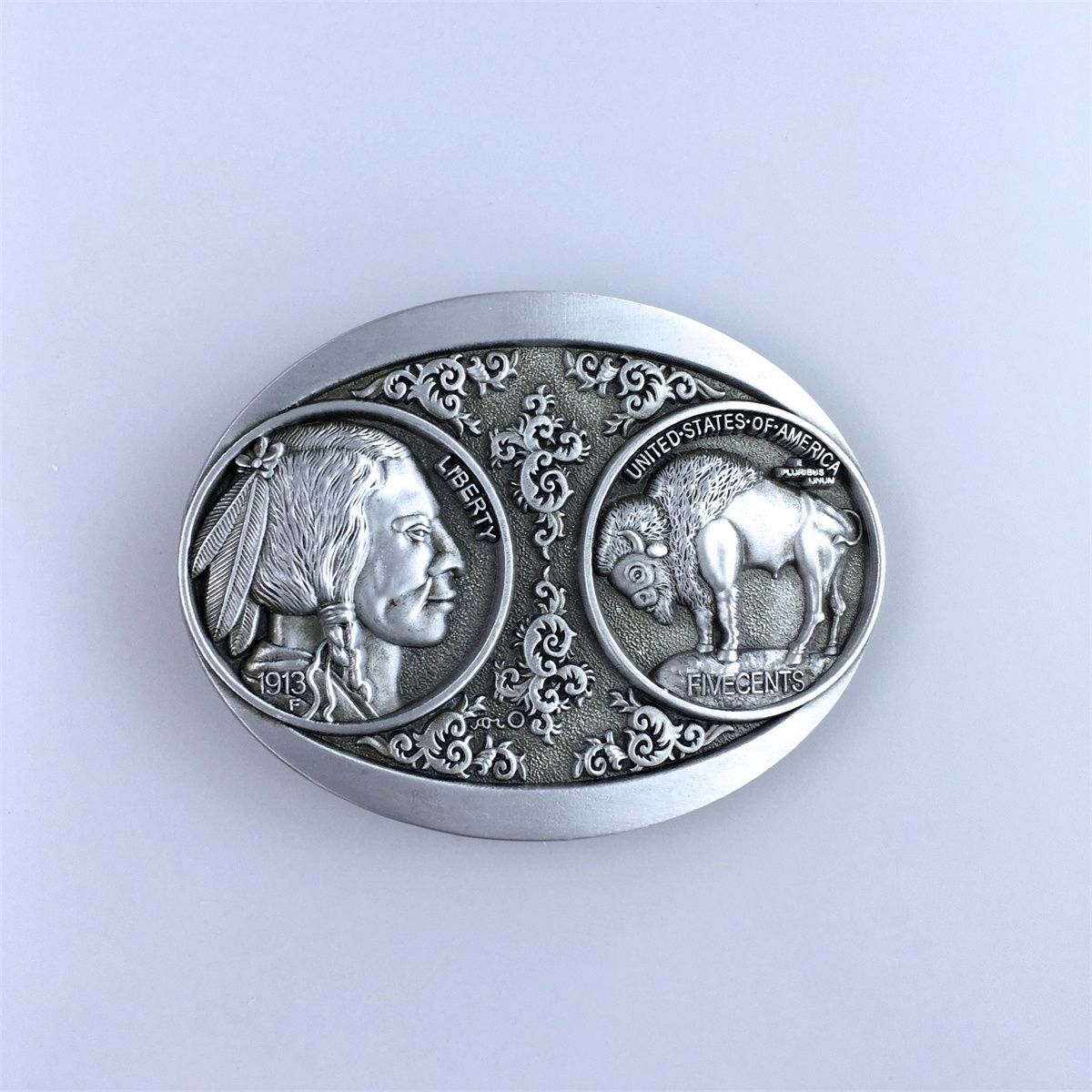 Antique Silver Western Chief Rodeo Bull Oval Belt Buckle Hebilla