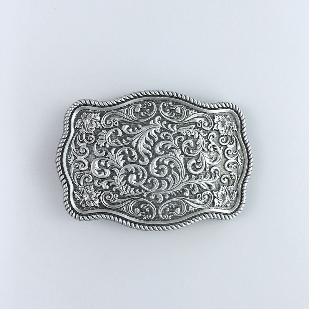 Antique Brushed Silver Cowboy Flower Pattern Belt Buckle Hebilla