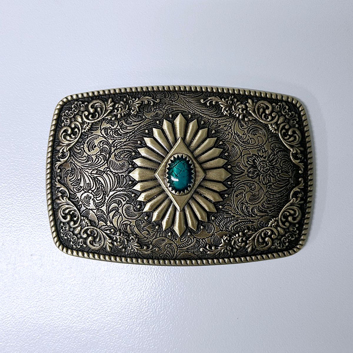 Antique Bronze Plated Southwest Totem Blue Enamel Rectangle Belt Buckle