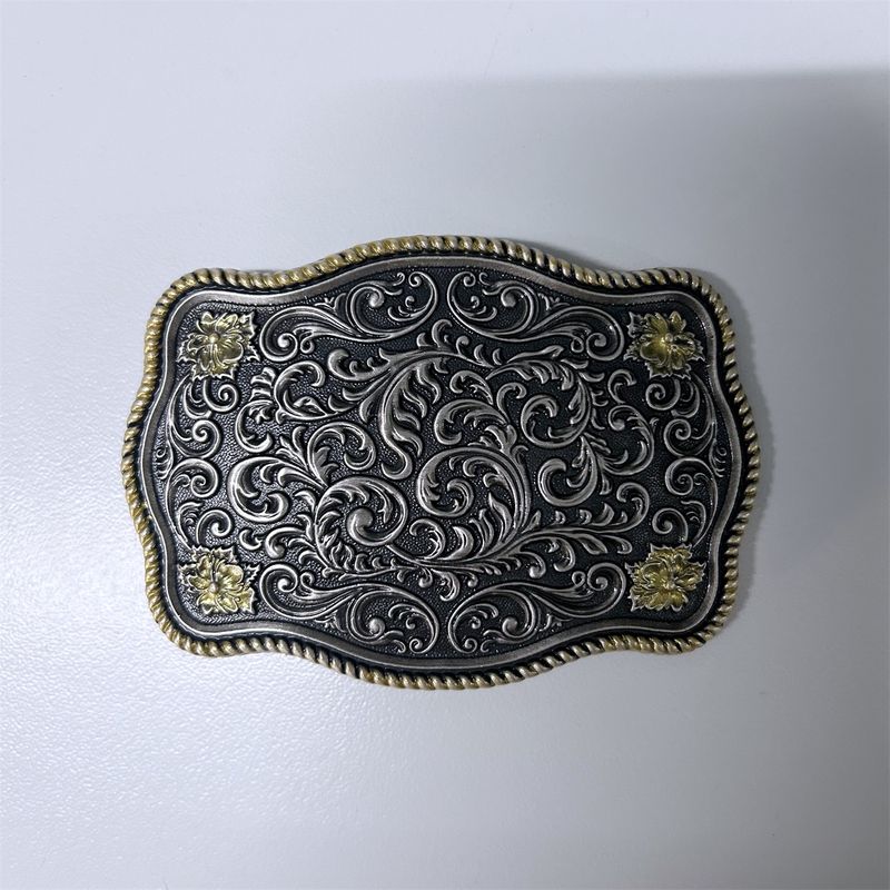 Double Color Plated Vintage Silver Southwest Carve Flower With Gold Edge Belt Buckle BUCKLE-WT142ASG