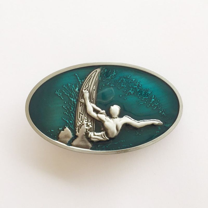 Vintage Enamel Surfing Boy Sport Oval Belt Buckle Gurtelschnalle Boucle de ceinture Hebilla BUCKLE-3D035BL
