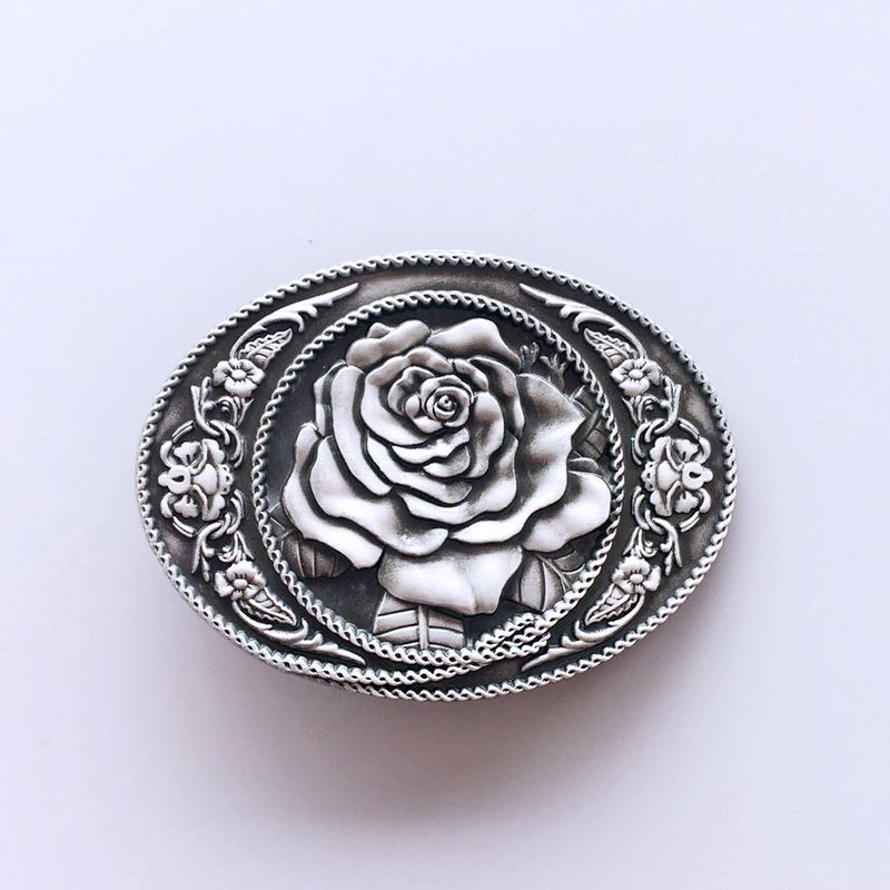 Antique Brushed Silver Oval Rose Flower Western Belt Buckle BUCKLE-3D059AS