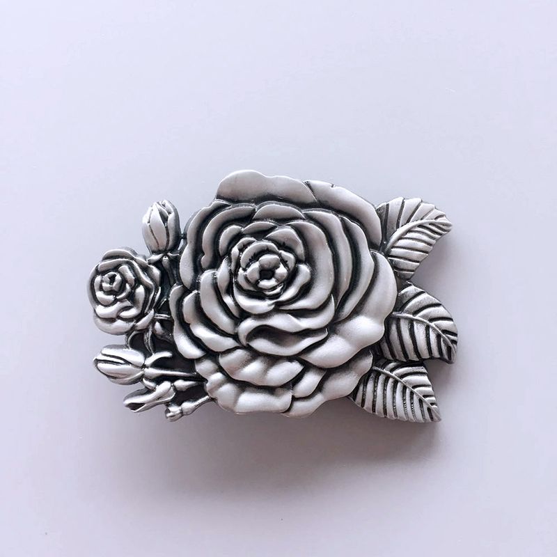 Antique Brushed Silver 3D Sculpt Western Rose Flower Belt Buckle BUCKLE-3D053AS