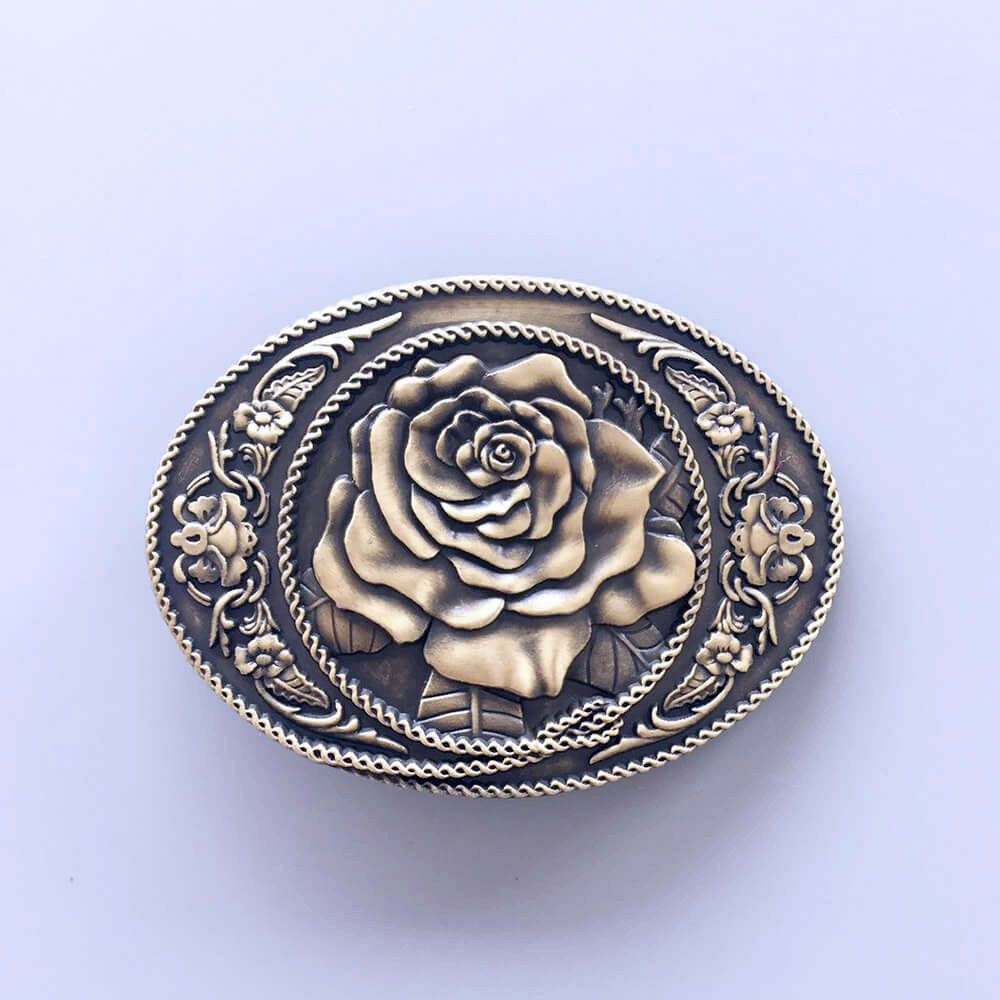 Vintage Bronze Plated Rose Western Oval Belt Buckle
