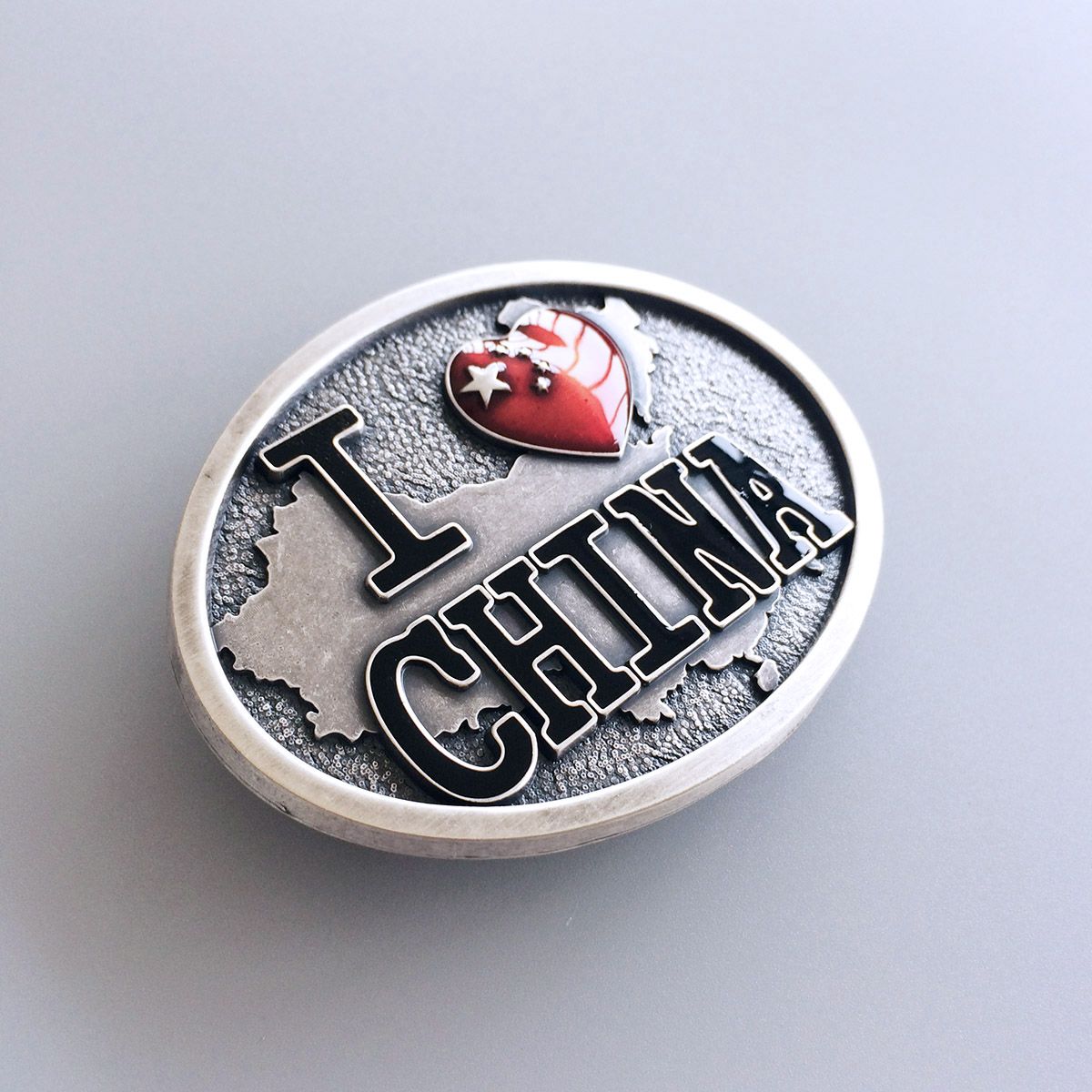Vintage Silver Love China Chinese Map Flag Oval Belt Buckle