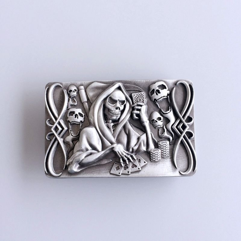 Antique Brushed Silver Tattoo Skull Death Casino Gamble Rectangle Belt Buckle BUCKLE-CS037AS