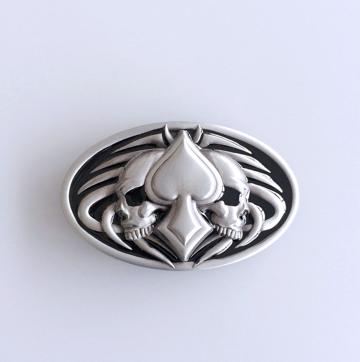 Vintage Style Enamel Tattoo Twin Skull Oval Belt Buckle