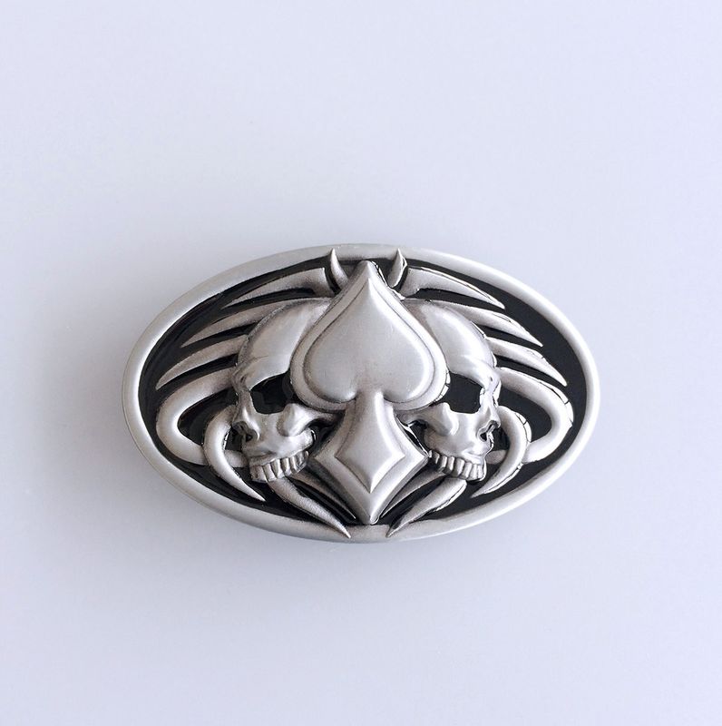 Vintage Style Black Enamel Tattoo Twin Skull Oval Belt Buckle BUCKLE-CS039BK
