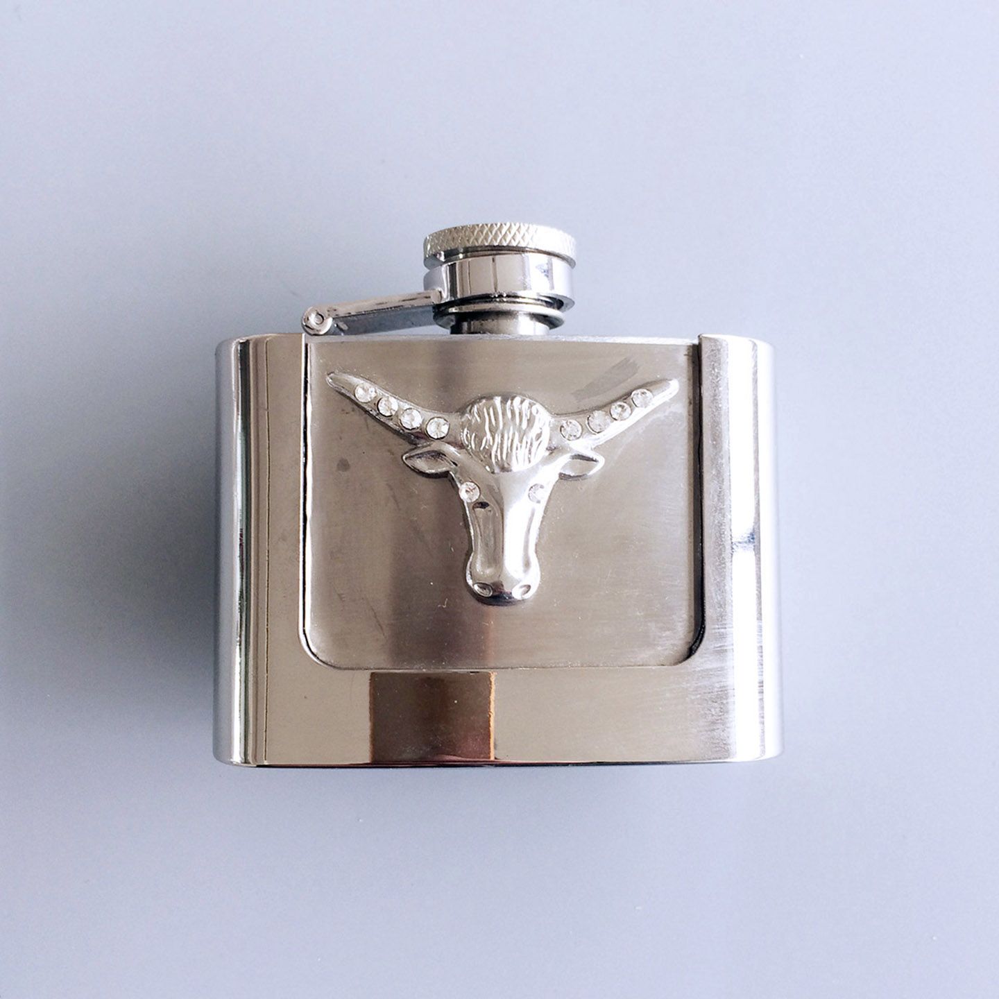 Rhinestone Longhorn Bull Two Ounce Stainless Steel Flask Belt Buckle