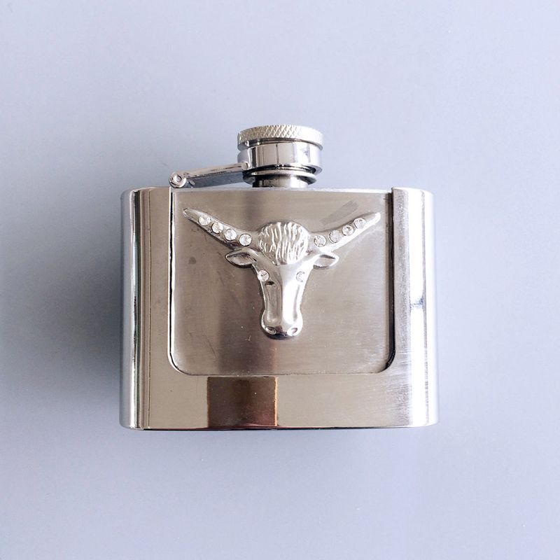 Rhinestone Longhorn Bull Two Ounce Stainless Steel Flask Belt Buckle BUCKLE-FL-Bull