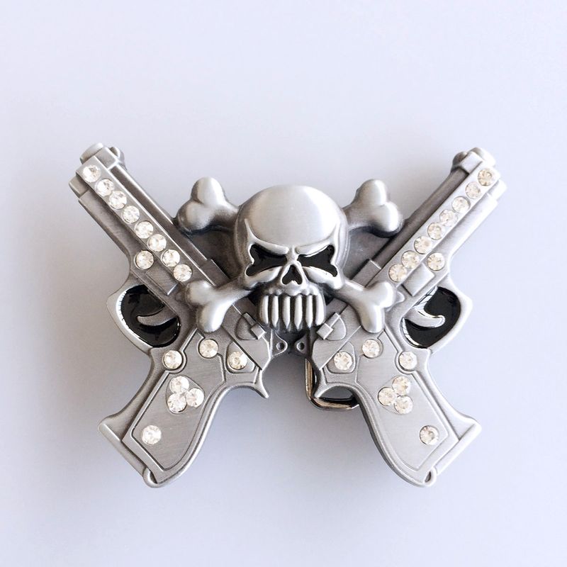 Antique Silver Rhinestone Cut Out Skull Sculpting Belt Buckle BUCKLE-GU013