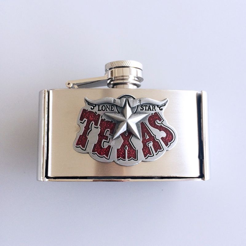 Enamel Long Horn Star Three Ounce Stainless Steel Flask Belt Buckle BUCKLE-FL-Texas