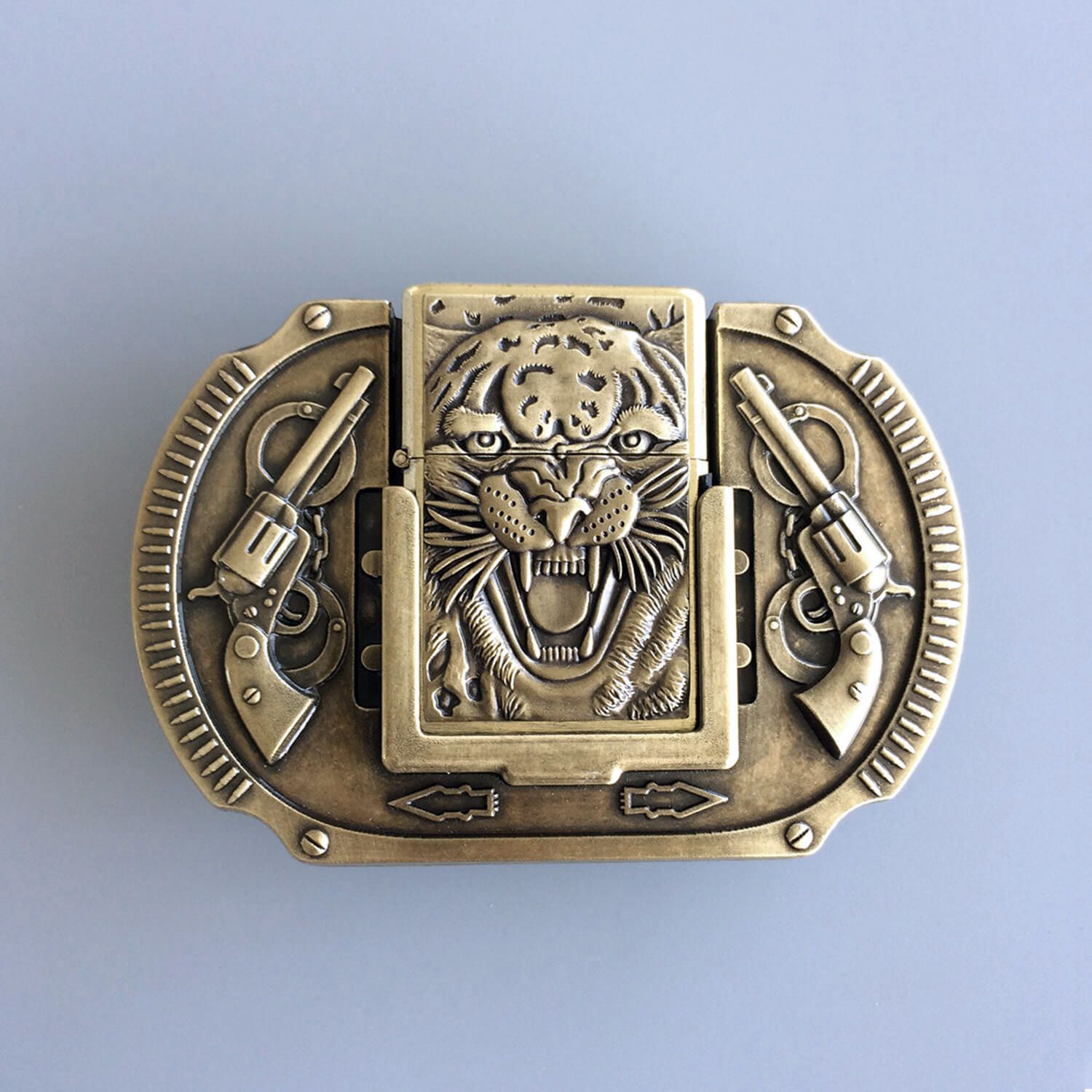 Vintage Bronze Plated Tiger Guns Belt Buckle