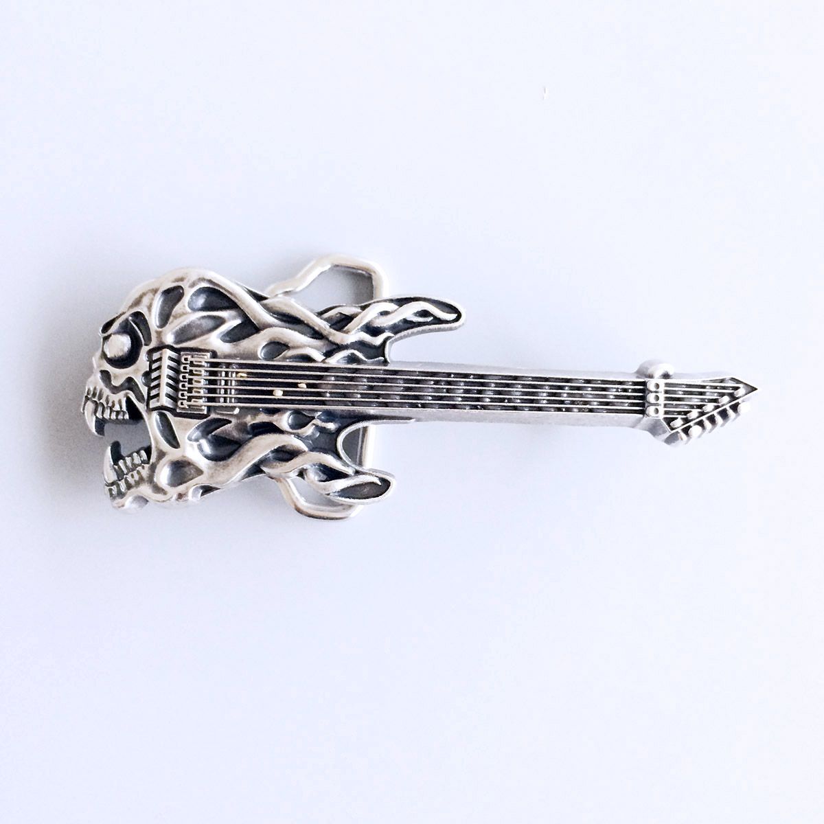 Vintage Silver Plated Tattoo Skull Guitar Music Belt Buckle