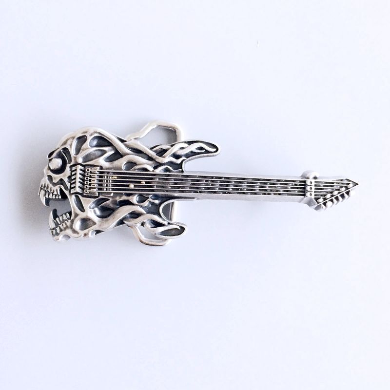 Vintage Silver Plated Tattoo Skull Guitar Music Belt Buckle BUCKLE-MU024SL