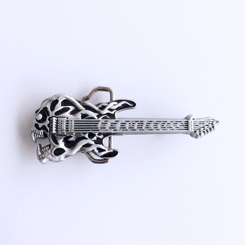 Vintage Black Enamel Tattoo Skull Guitar Music Belt Buckle BUCKLE-MU024BK