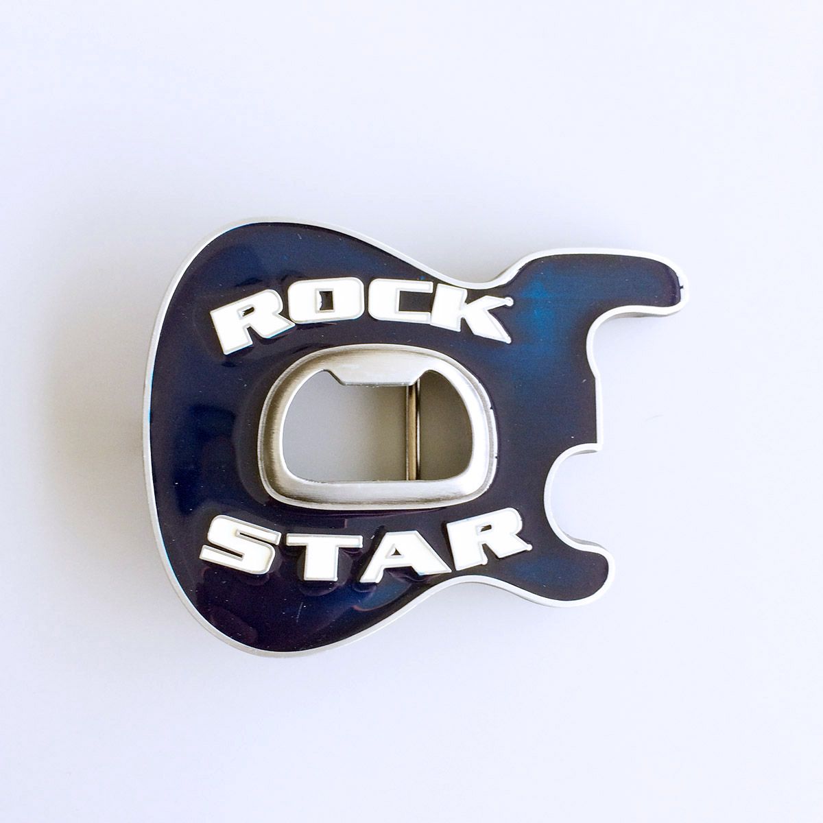 Vintage Blue Enamel Rock Music Star Guitar Belt Buckle With Beer Bottle Opener