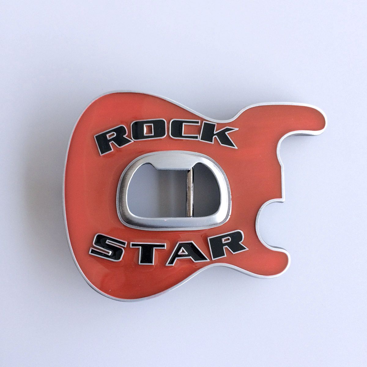 Vintage Style Red Enamel Rock Music Guitar Belt Buckle With Beer Bottle Opener