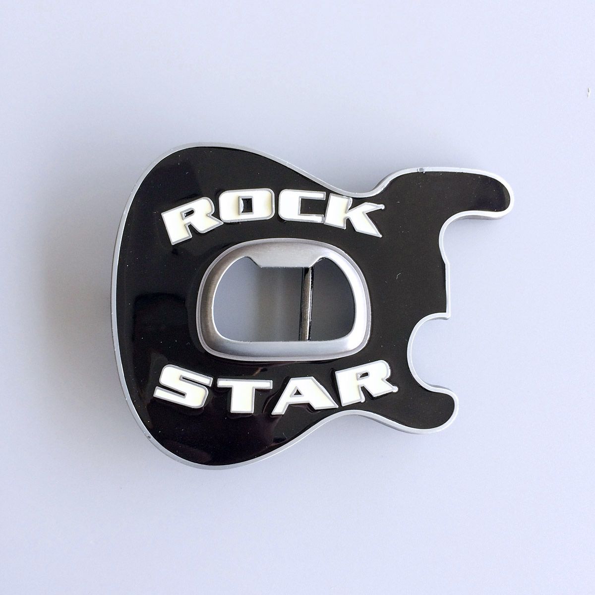Vintage Black Enamel Rock Music Guitar Belt Buckle With Beer Bottle Opener