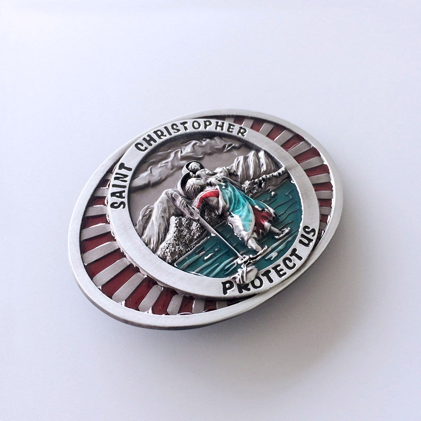 Vintage Style Enamel Saint Christopher Protect Belt Buckle