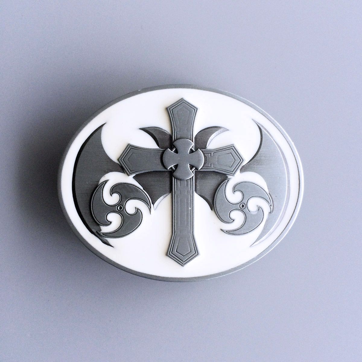 White Enamel Vintage Celtic Cross Oval Belt Buckle