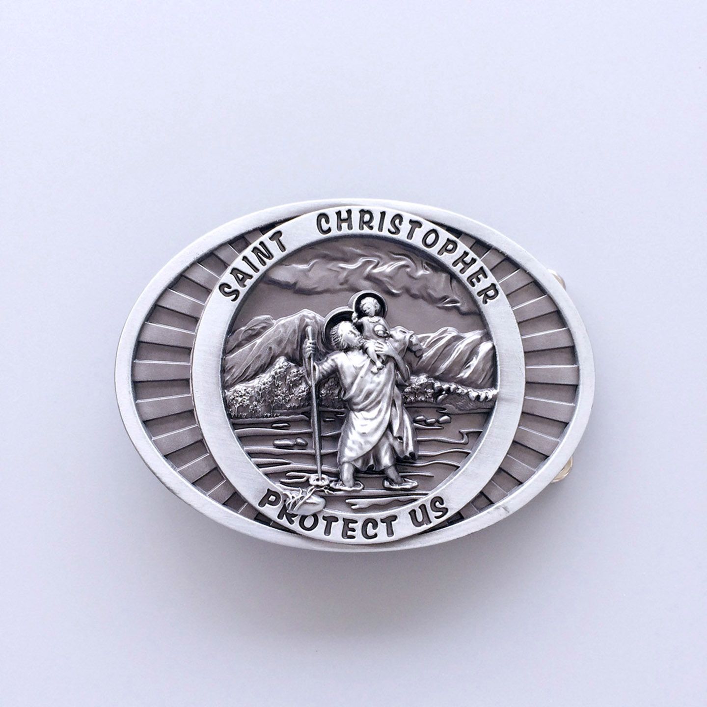 Antique Silver Saint Christopher Protect Belt Buckle