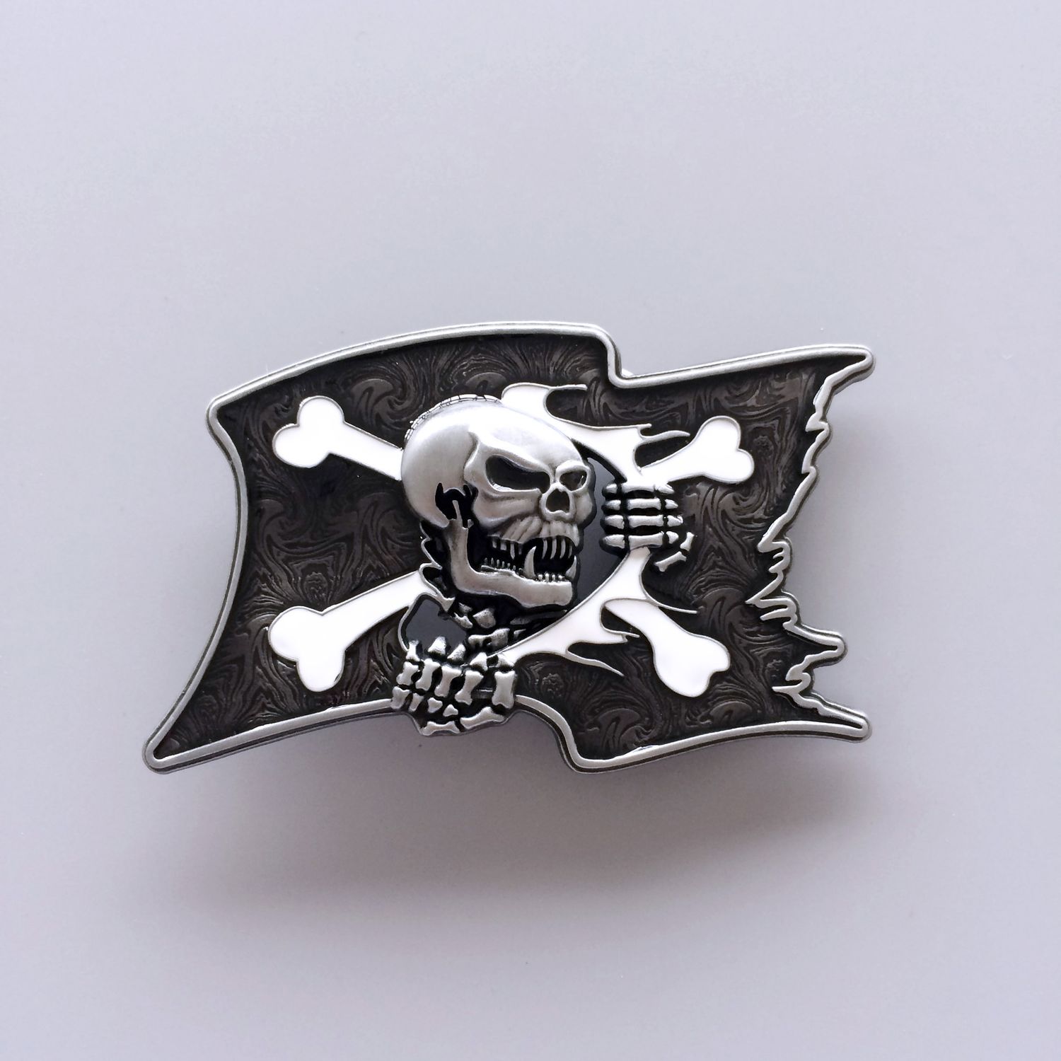 Antique Silver Black Enamel Pirate Flag Skull Belt Buckle