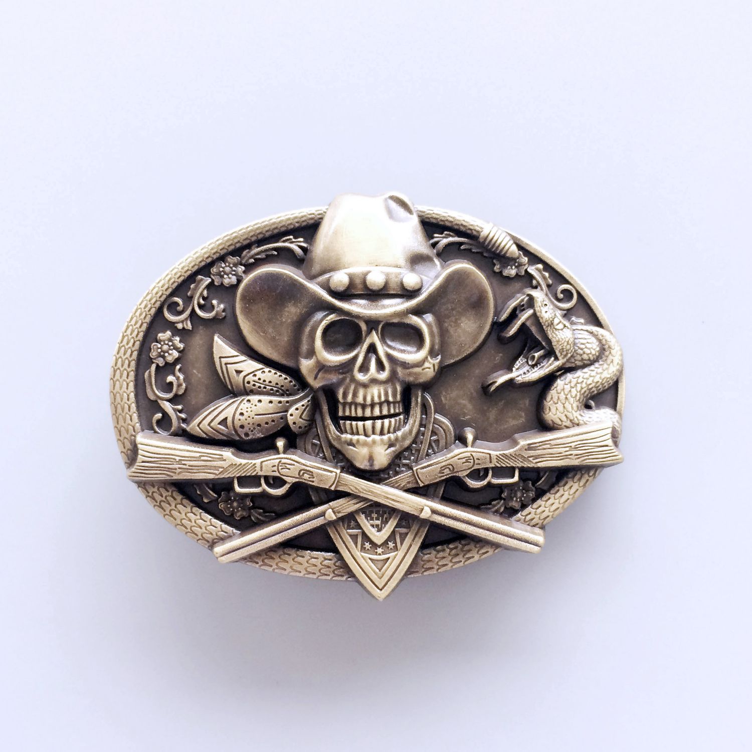 Vintage Bronze Plated Skull Rifles Cowboy Metal Oval Belt Buckle