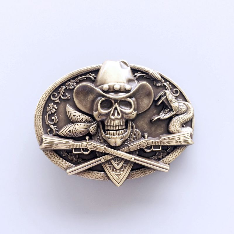 Vintage Bronze Plated Skull Rifles Cowboy Metal Oval Belt Buckle BUCKLE-SK036AB