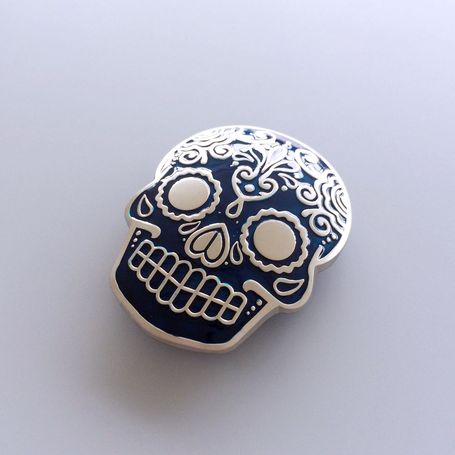 Blue Enamel Matter Silver Plated Tattoo Skull Belt Buckle