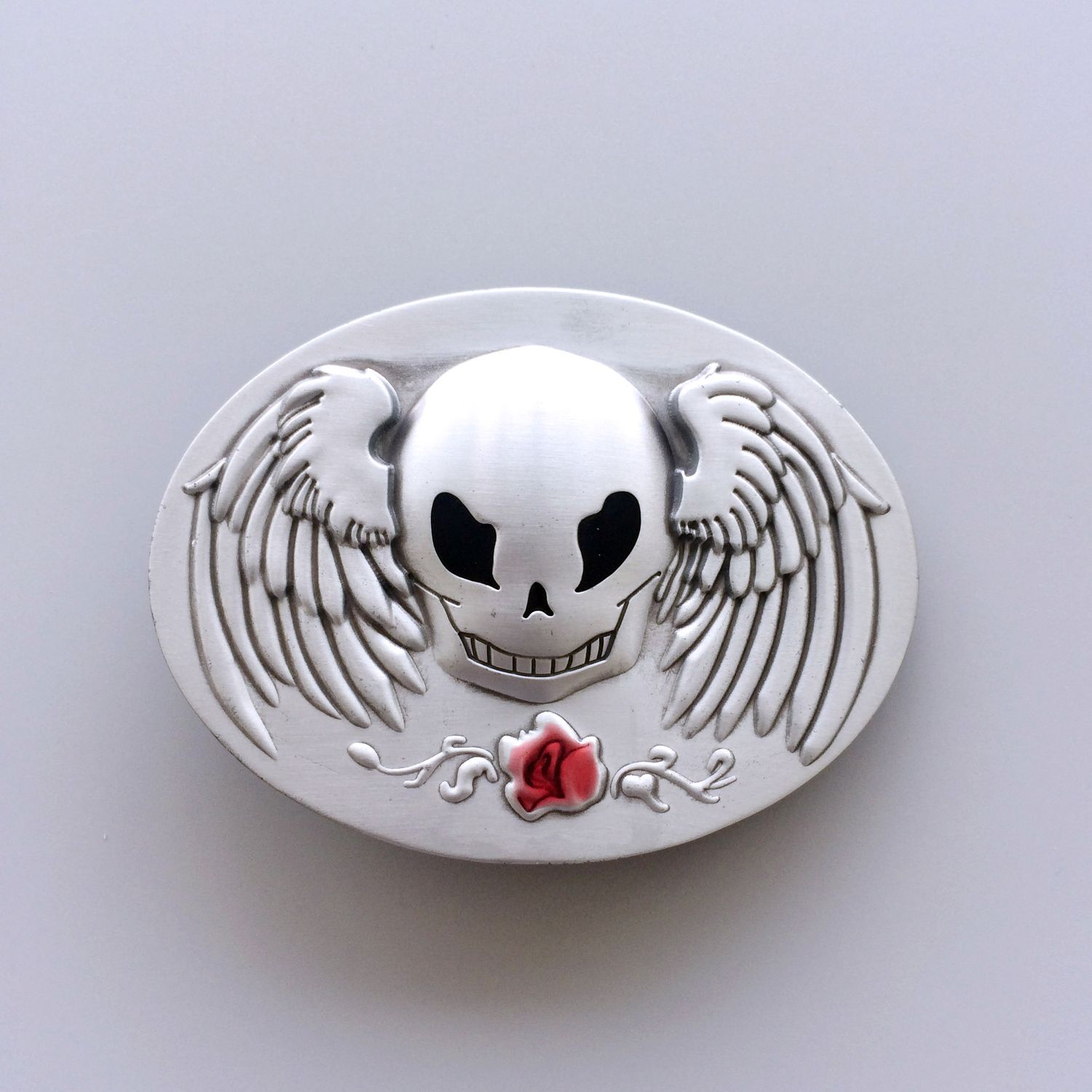 Vintage Style Rose Angel Wings Skull Oval Belt Buckle