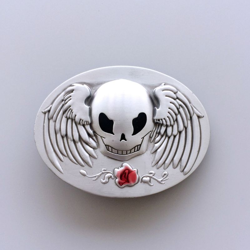 Vintage Style Rose Angel Wings Skull Oval Belt Buckle BUCKLE-SK026