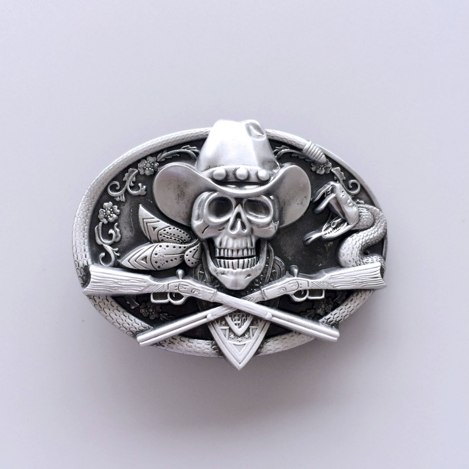 Antique Silver Western Rodeo Skull Cowboy Oval Belt Buckle