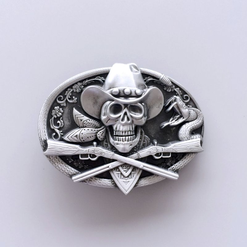 Antique Silver Western Rodeo Skull Cowboy Oval Belt Buckle BUCKLE-SK036AS