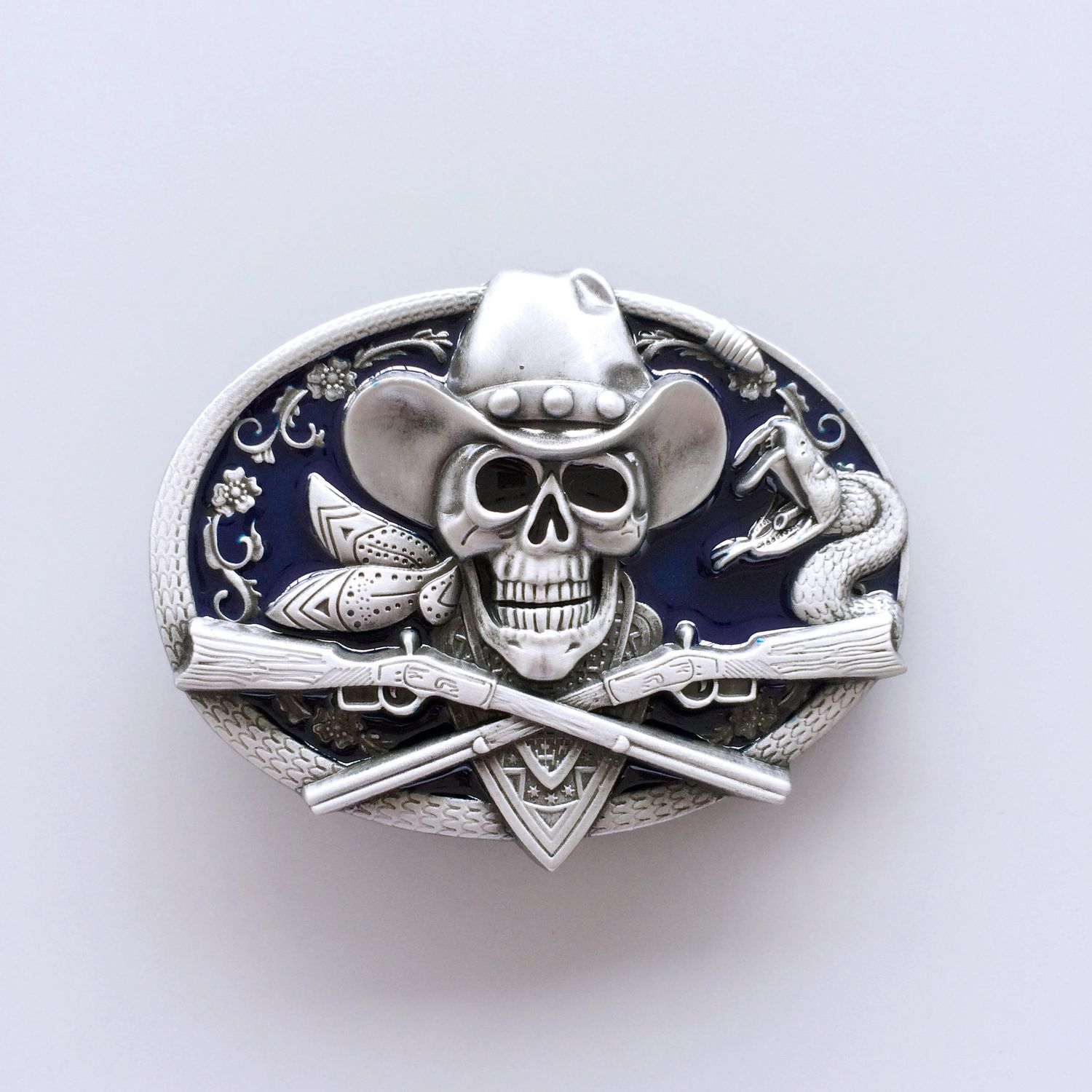 Western Rodeo Skull Cowboy Blue Enamel Oval Vintage Belt Buckle