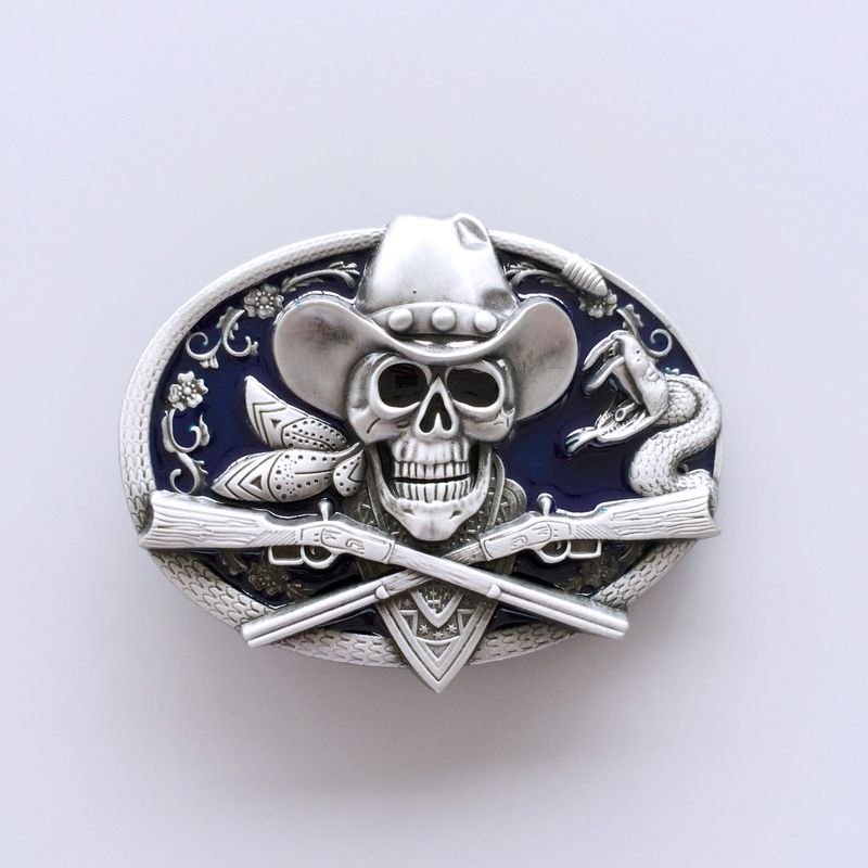 Western Rodeo Skull Cowboy Blue Enamel Oval Vintage Belt Buckle BUCKLE-SK036BL